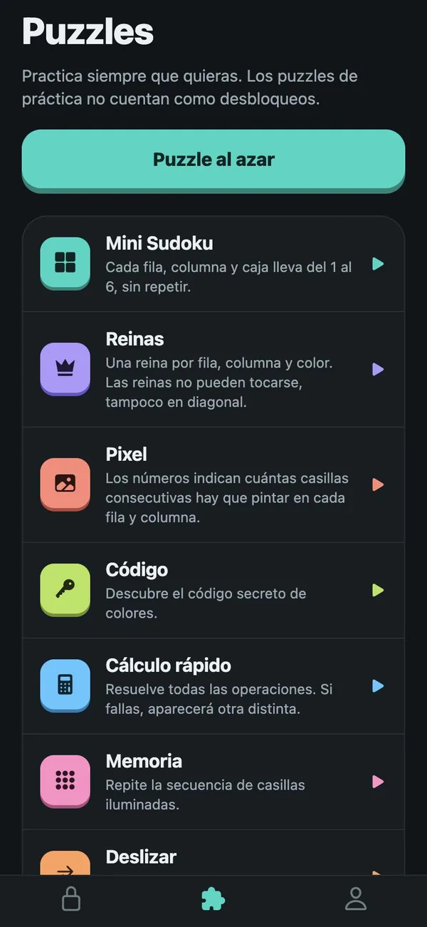 Siete puzzles, y puedes practicarlos cuando quieras.